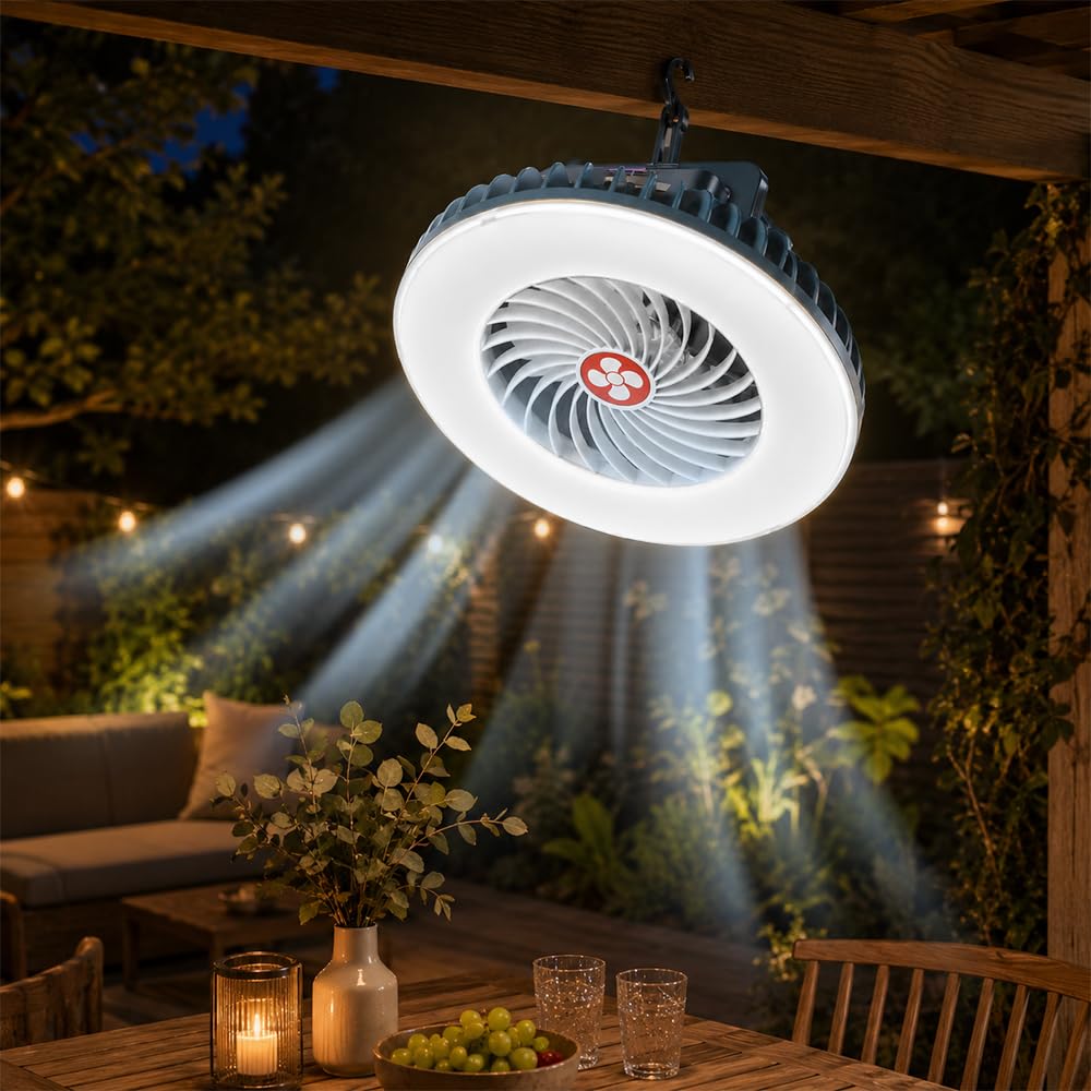 Tragbarer LED Campinglampe mit Ventilator, USB Aufladbar Camping Ventilator mit Licht, Magnetisch Zeltlampe Outdoor Camping, Camping Zubehör für Wandern Angeln Strand Wohnwagen Camper Auto