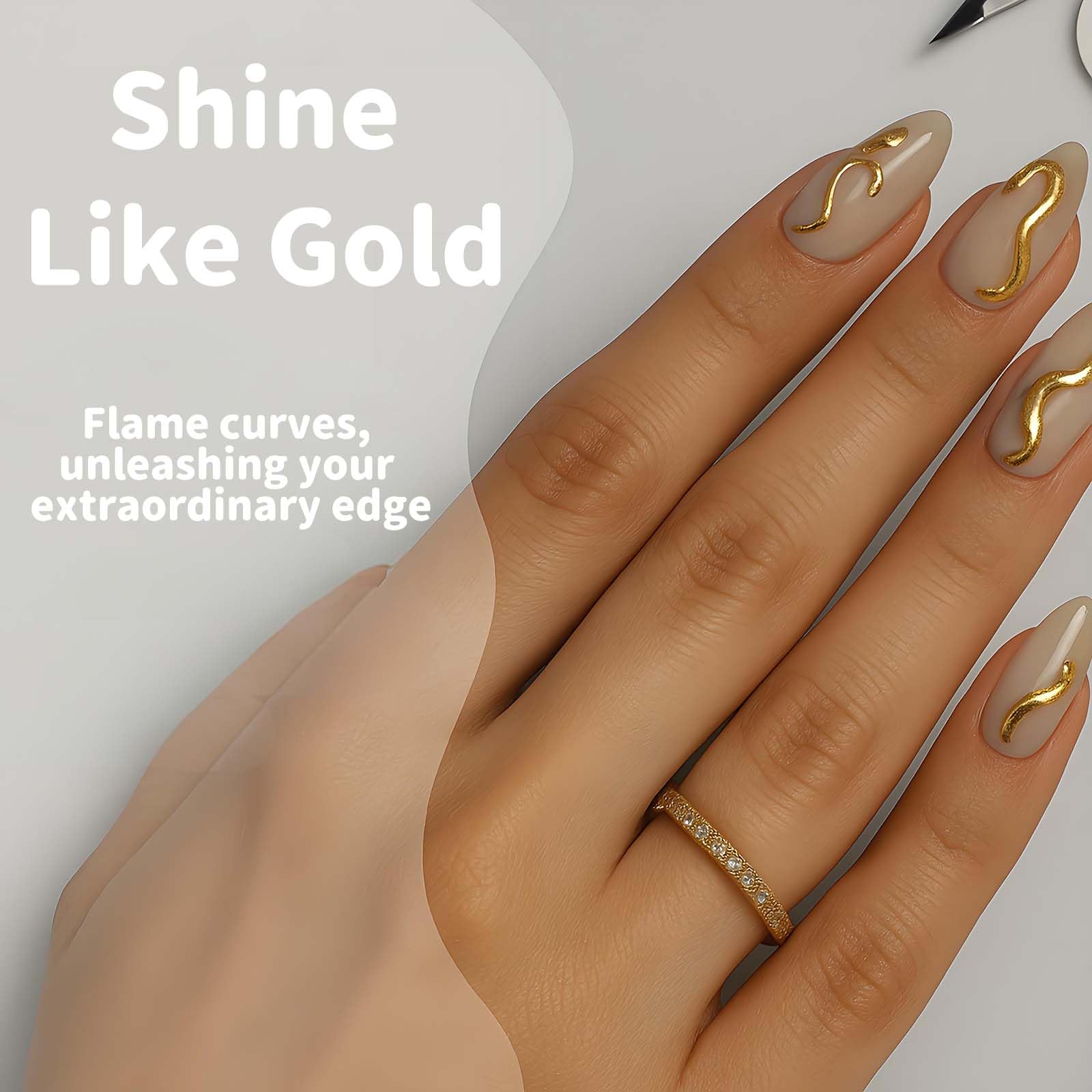 Almond Press On Nails with Gold Swirl Design, Glossy Nude Fake Nails, Full Coverage False in Multiple Sizes - Image 2