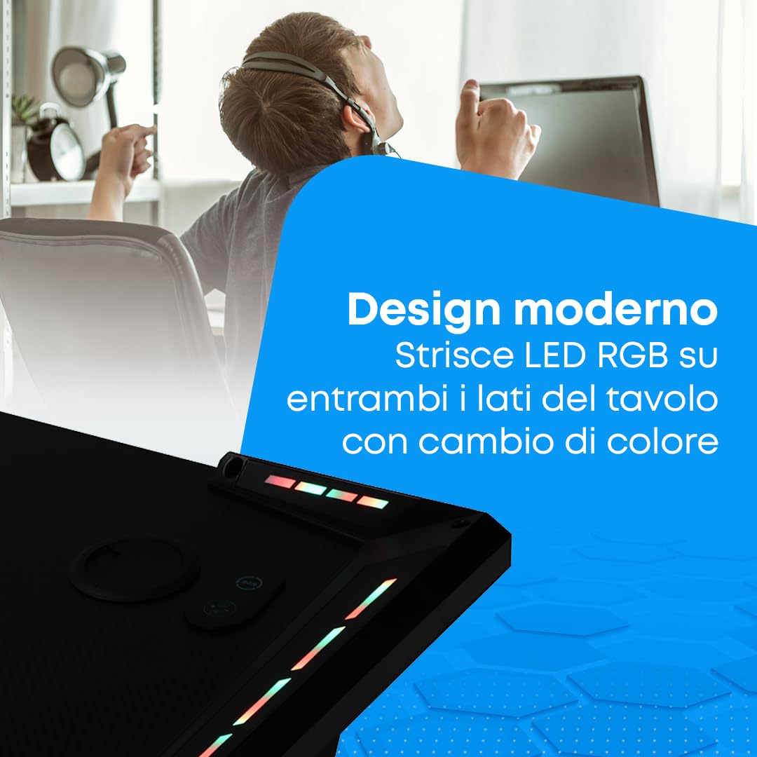 NK Scrivania Gaming LED Ergonomica (120X60cm) - Portabicchieri e Bottiglie, Supporto per Cuffie, Gestione dei Cavi, Scrivania Gaming, Tavolo 1.5cm (Resistenza) Peso Massimo Supportato 100kg - Bianco