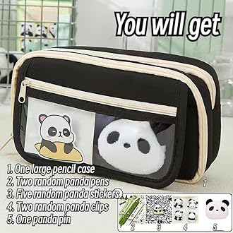 Panda Pencil Case, 10Pcs Cute Panda Pencil Case Large Capacity, Adults Aesthetic Pencil Case, Kawaii Pencil Pouch Cute With Zipper Preppy Pen Bag With Gel Ink Pens, Clips, Stickers, Pin (Black)