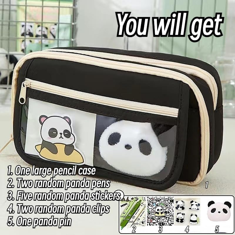 Panda Pencil Case, 10Pcs Cute Panda Pencil Case Large Capacity, Adults Aesthetic Pencil Case, Kawaii Pencil Pouch Cute With Zipper Preppy Pen Bag With Gel Ink Pens, Clips, Stickers, Pin (Black)