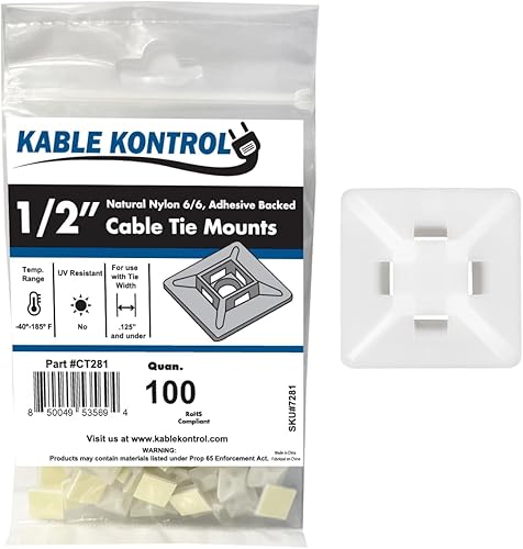 Miniatura 7 de Kable Kontrol Soportes para bridas de cremallera, 1 pulgada cuadrada, blanco natural, 100 unidades, cuadrados de montaje multiusos con respaldo