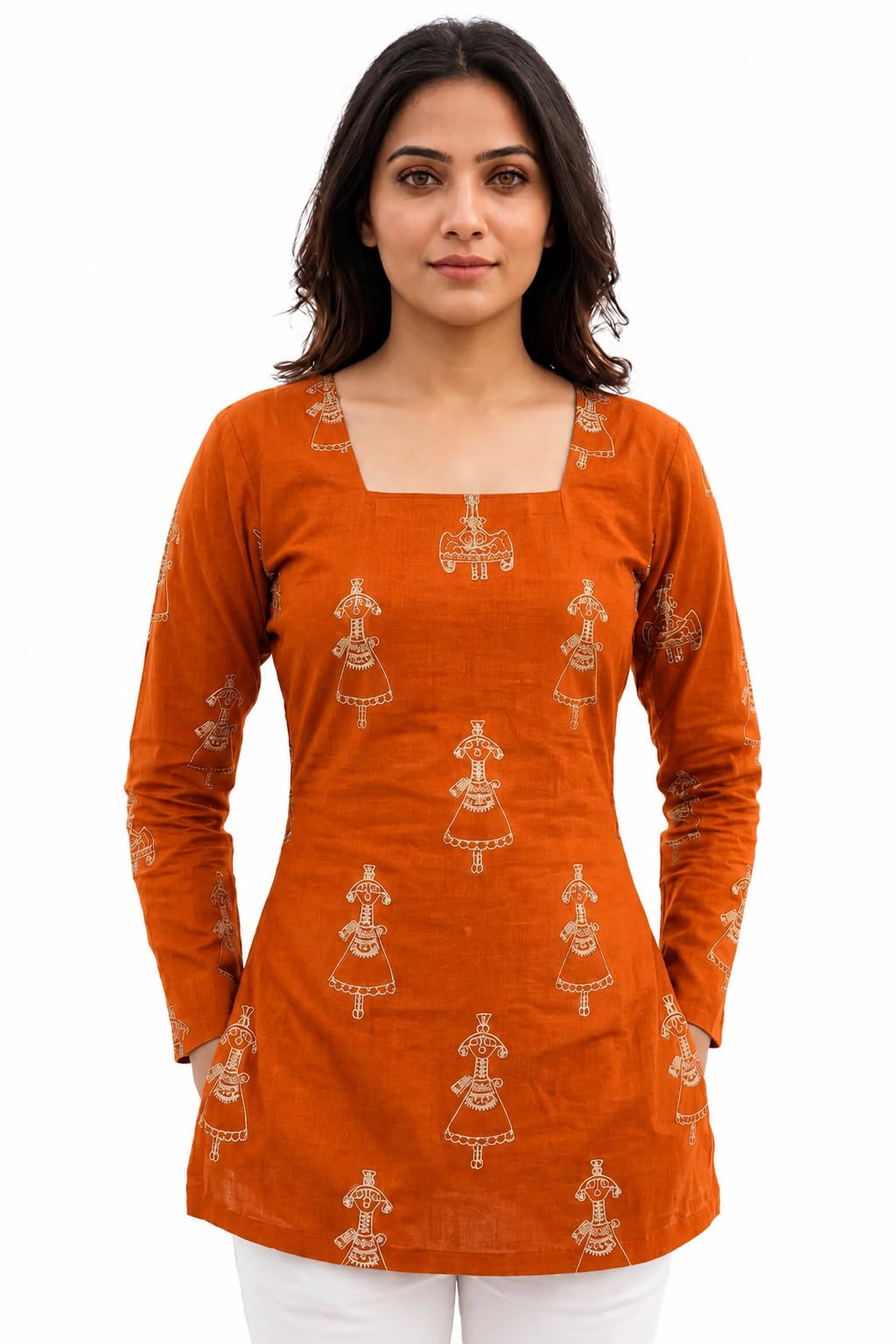 Jaipur Fashion Women's Short Kurti, Orange, Floral Print, Rayon, Square Neck, Long Sleeve, Lace-Up Back-picture-14