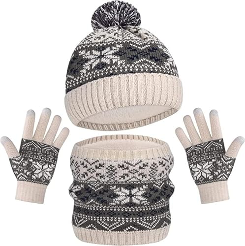 MZSYLK Set invernale 3 in 1 con cappello e sciarpa e guanti invernali per bambini, lavorato a maglia, a doppio strato, fodera in pile, scaldacollo per ragazzi e ragazze dai 3 agli 8 anni, bianco-1,