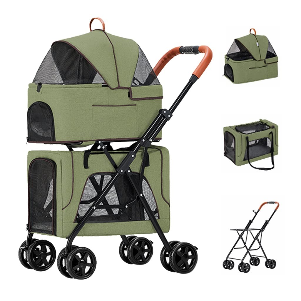 Travel Carrier Foldable Double Pet Pram Stroller for 2 Dogs/Cats, Double-Layer Pet Stroller Trolley Detachable Cage Cat Dog Strollers Pushchair Great for Twin or Multiple(Green)