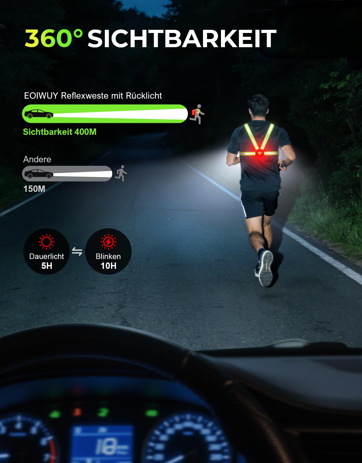 EOIWUY 800 Lumen Ultraleuchtstarkes Lauflampe Joggen mit Rücklicht, 7+2 Lichtmodi Lauflicht, 45° Lichtstrahl & 360°-Reflektorband Brustlampe, IPX4 Wasserdicht, USB Aufladbar, Laufzeit 4-25 Stunden