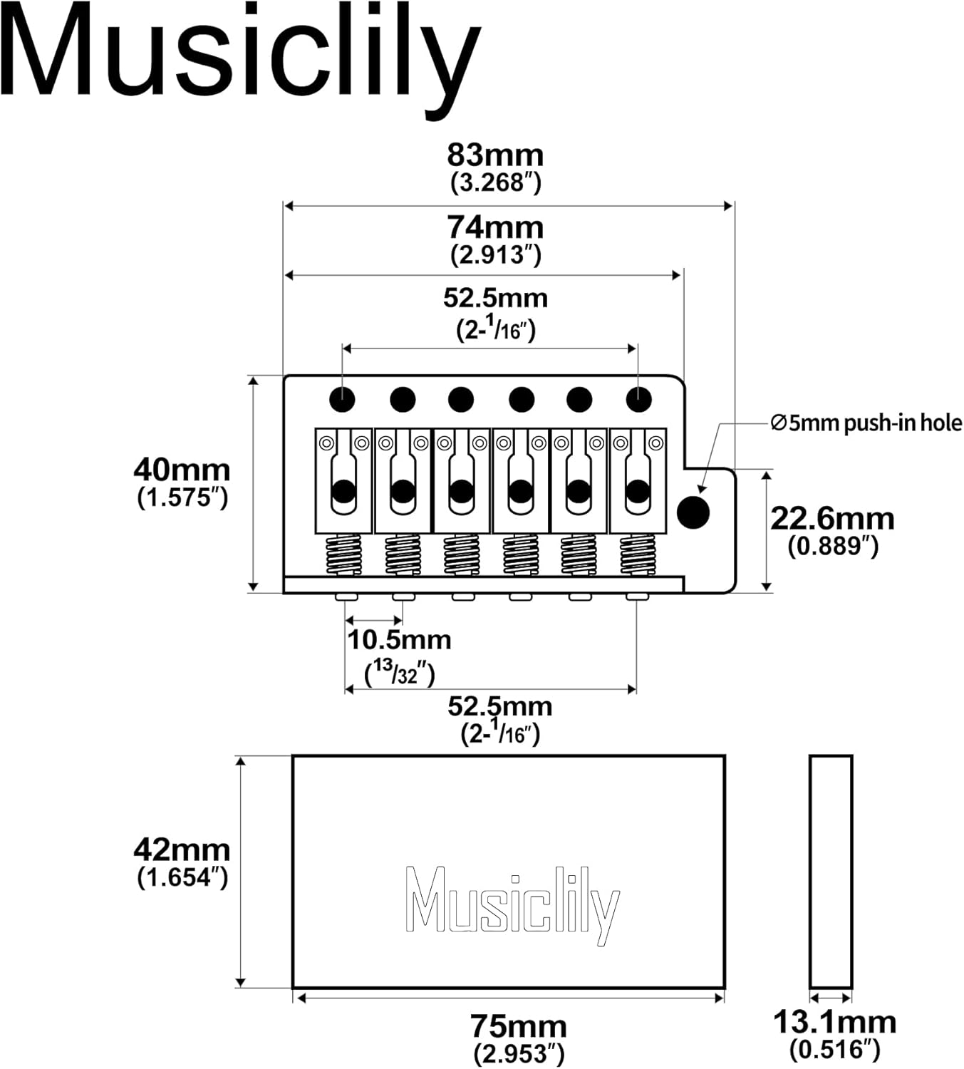 Musiclily Ultra 52.5mm (2-1/16 inch) Standard 6-Screw ST Tremolo Bridge with Modern Brass Saddles 42mm Solid Brass Block Push-In Arm for Strat Style Electric Guitar, Chrome