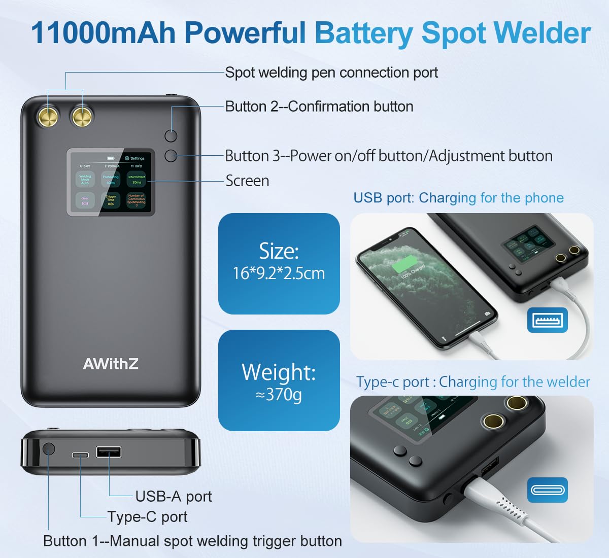 Punktschweißgerät,AWithZ Akku Punktschweißgerät 11000mAh,Großer Bildschirm,Mehrsprachige Intelligente Benutzeroberfläche, für die Reparatur von Präzisionsinstrumenten und Akkus (U3)