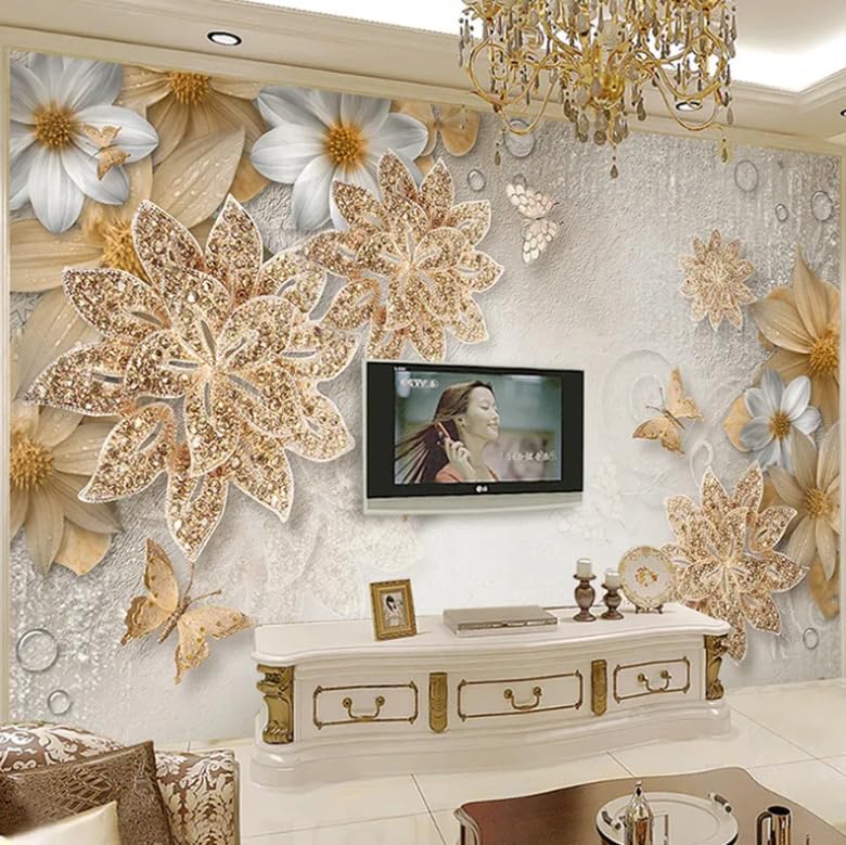 Fresque murale 3D de style européen aux détails de bijoux dorés et fleurs jaunes 200x140cm