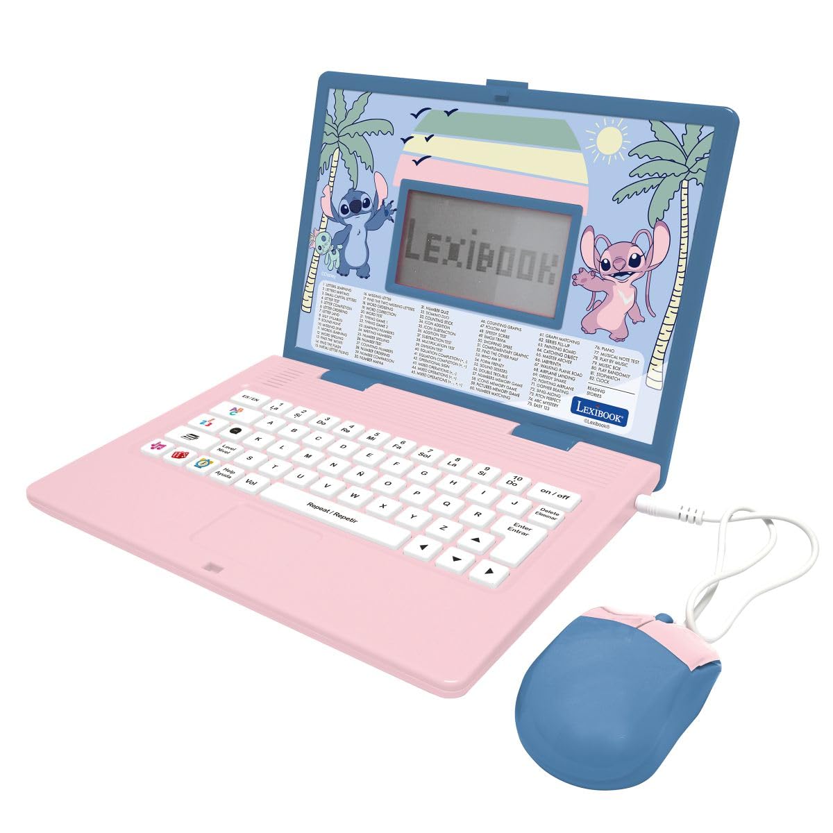 LEXIBOOK, Disney Stitch, Portátil Educativo Bilingüe, Español e Inglés, 164 Actividades, Matemáticas, Juegos de Lógica, Modo Música, Gran Pantalla LCD, Diseño Disney Stitch, Rosa/Azul, JC601Di2
