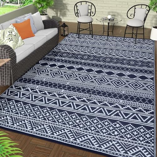 GarveeLife Waterproof Outdoor Rug 8x10 Plastic Straw Reversible Rug Large Modern Geometric Floor Mat for Outdoors, UV Resistant Foldable Portable Carpet for RV, Deck, Picnic, Beach, Navy/White by GarveeLife - Used condition - Image 5