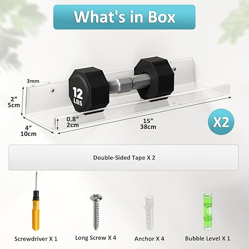 Miniatura 2 de Albumgit Paquete de 2 estantes acrílicos para almacenamiento en la pared, estante flotante transparente autoadhesivo de 15 pulgadas para figuras