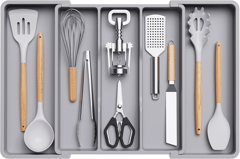 Utensil Organizer for Kitchen Drawers, Expandable Utensil Tray | Adjustable Cooking Cutlery Silverware Flatware Holder, Plastic Spatula Tools Storage Divider, 13-22 x 15", Gray