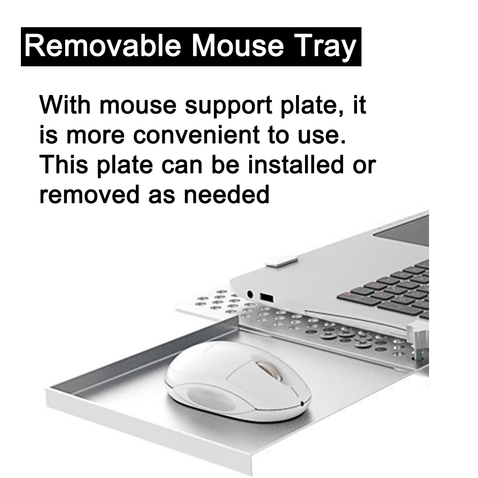 Soporte de pared para portátil con bandeja para mouse, aleación de aluminio, rotación de 3 ejes, rejillas de ventilación, tornillos de expansión incluidos para portátiles y monitores