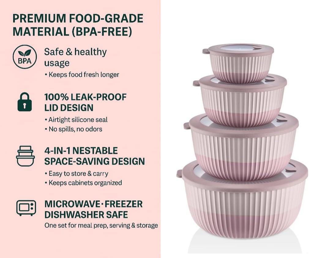 Mixing Bowls with Lids, 8-Piece Airtight Leak-Proof Nesting Plastic Bowl Set for Kitchen & Food Storage, Large 4200ml Capacity, BPA-Free, Microwave & Dishwasher Safe - Image 5