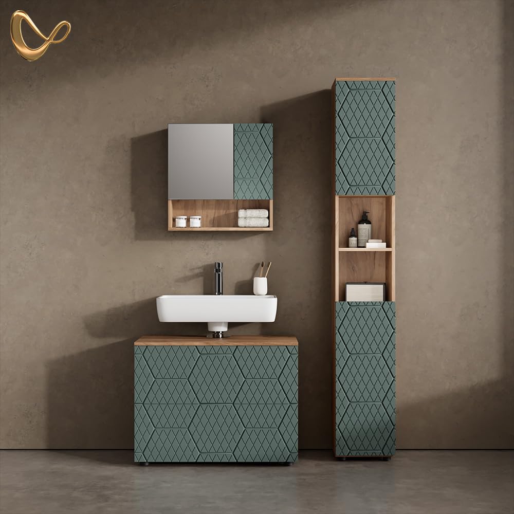 Livinity Badspiegelschrank Ronco, Grün/Goldkraft Eiche, 54 x 55 cm