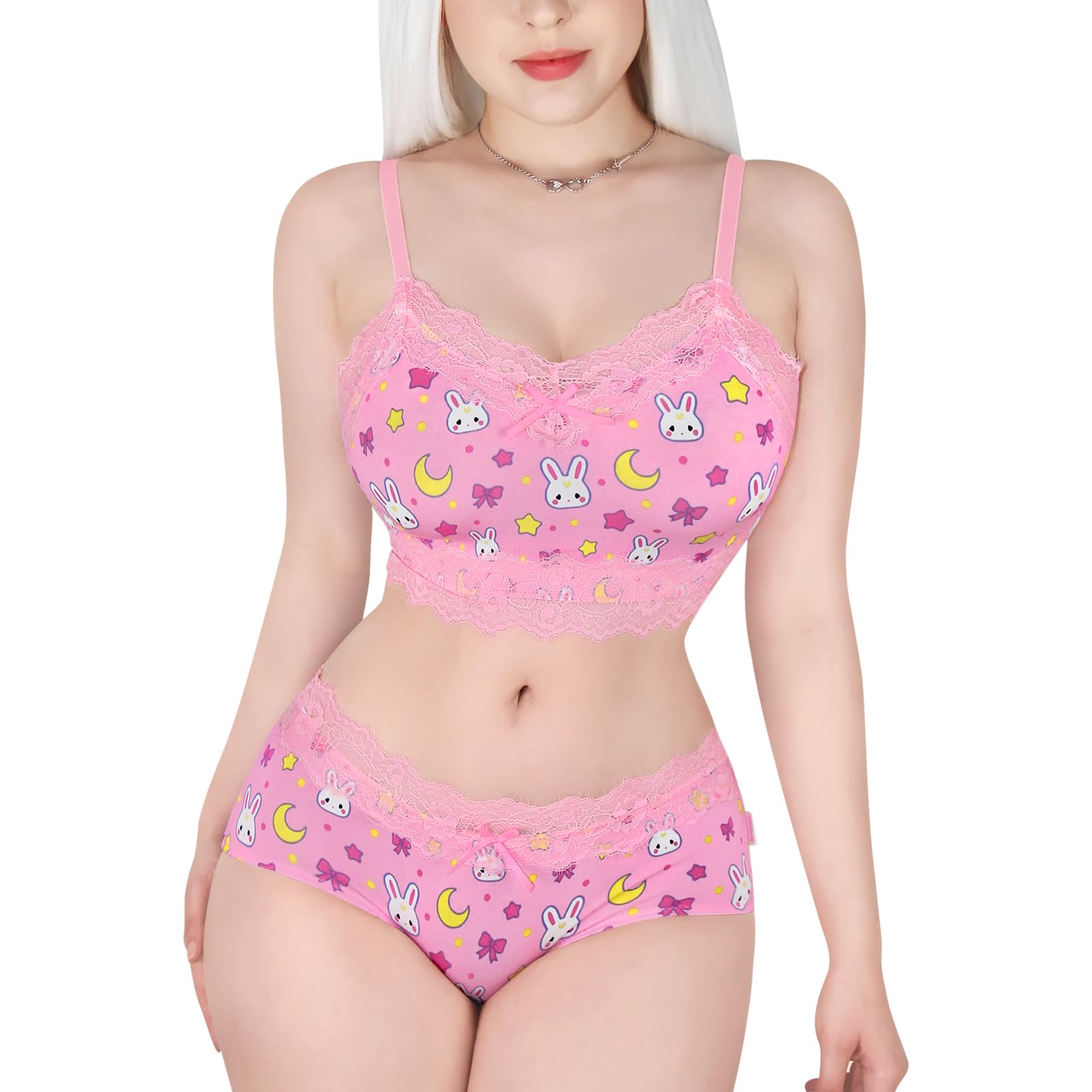 Littleforbig Lacy Trim Women Nightwear Strap Sleepwear Cami Top Shorts Lingerie bralette loungewear Set - Sweet Usagi