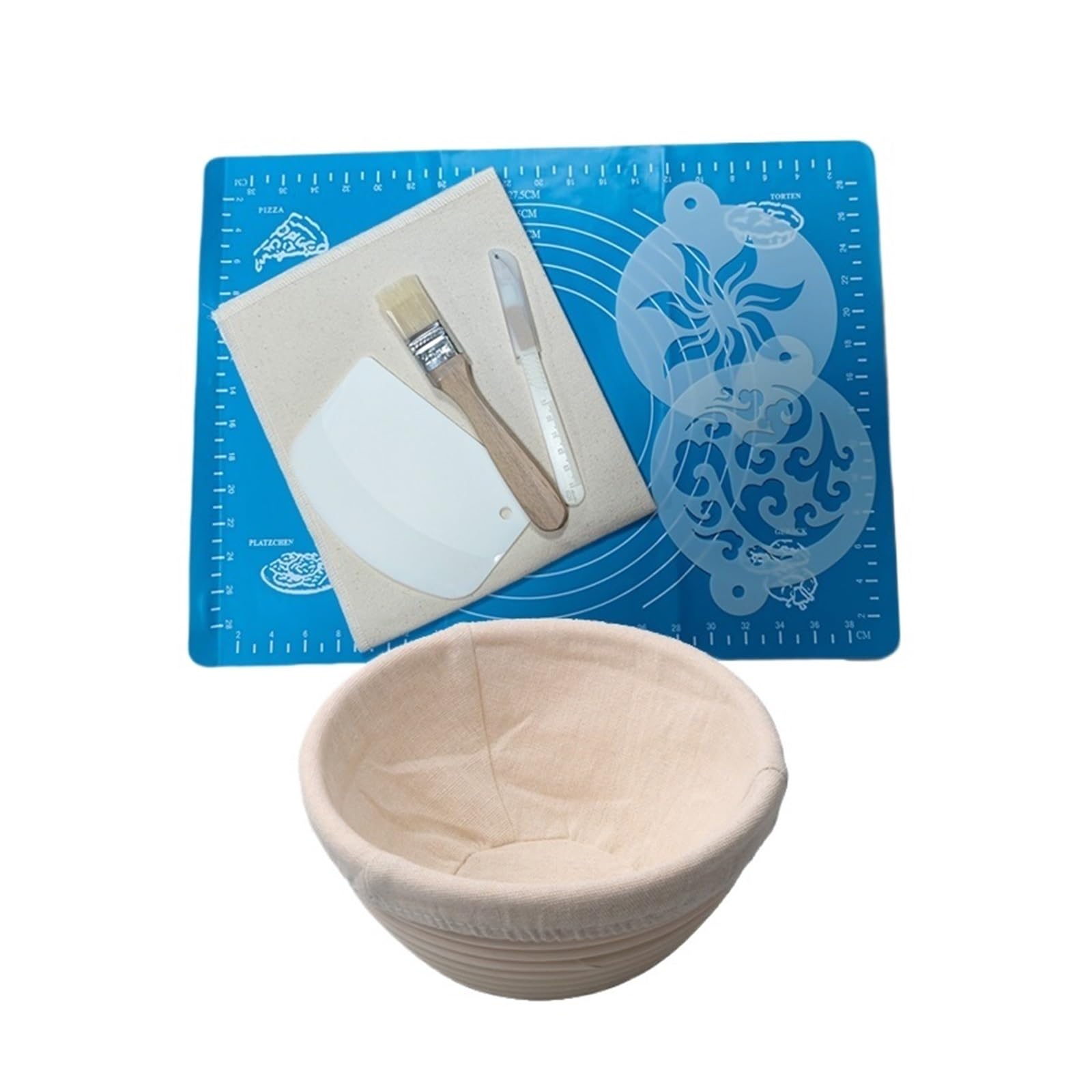 Banetones Para Pan Cesta de ratán con funda de lino, 7 piezas de herramientas y 1 juego de cestas, cesta for leudar pan, herramientas for hornear masa madre Para Banneton(Round XL Set A)
