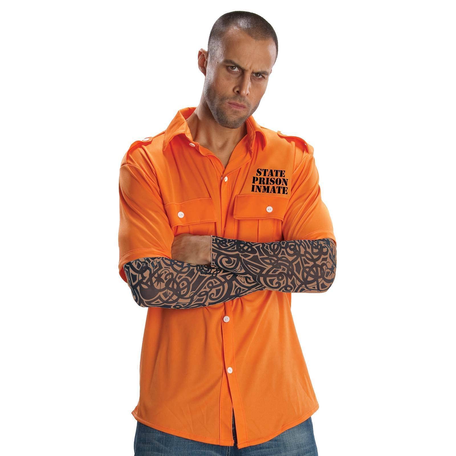Rubies Costume Prisoner Shirt with Tattoo Sleeves Costume, Orange/Evening Red in Sunset Chevron Pattern, One Size
