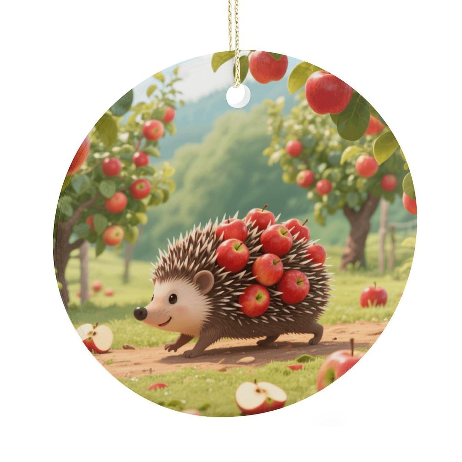 Fekiloot Style Hedgehog Collecting Apples Christmas Ornaments 2.9 Inch Round Ceramic Ornament Keepsake Thank You Gifts For Office, Room, Home - Holiday Present Ideas