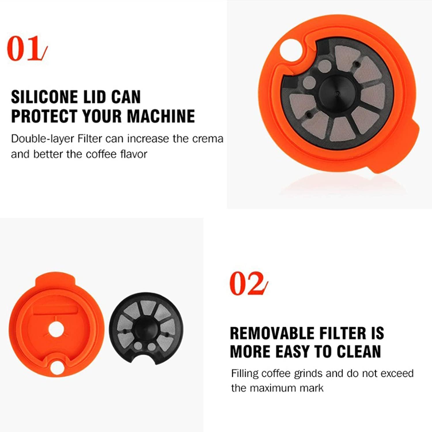 Diagram showing the silicone lid and removable filter components of the reusable coffee capsule.