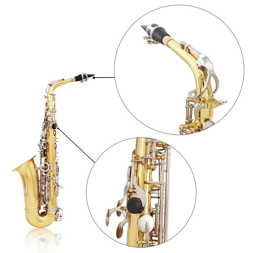 Btuty Saxophone alto en laiton brillant - gravure de Mi bémol, avec boutons en coquillage blancs naturels, étui, gants, chiffon de nettoyage, sourdine, ceinture et brosse
