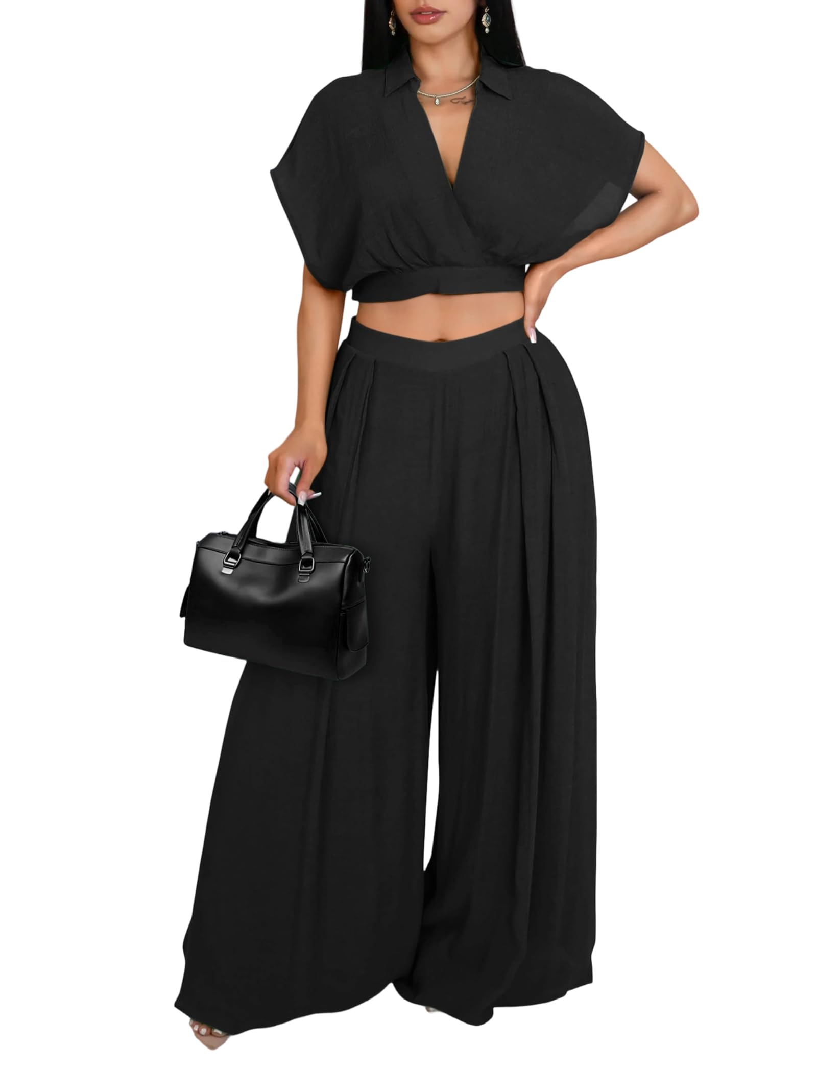 View 1 of **Missing top** Black Two Piece Outfit for Women V Neck Batwing Sleeve Crop Top Flowy Wide Leg Pants Set Summer Casual Outfits XXL