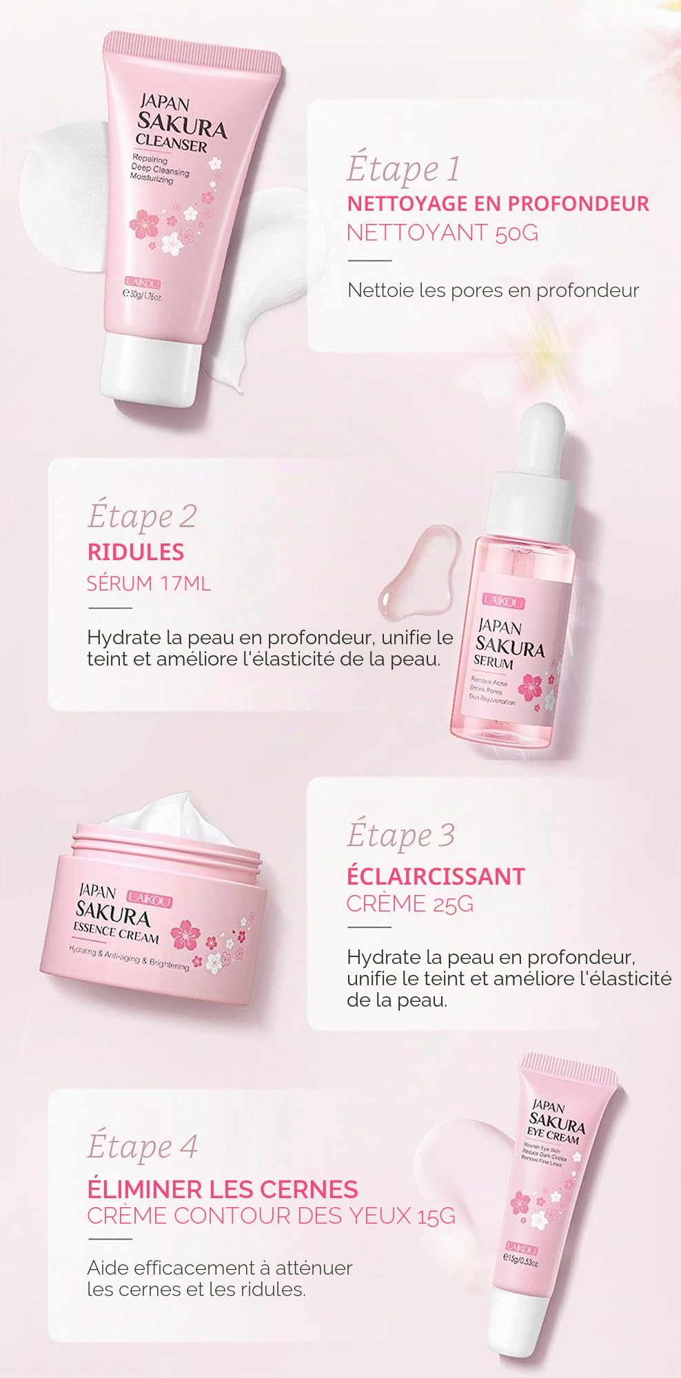 Ensemble de Soins Quotidiens pour la Peau XJBD Nettoyage Doux et Soins pour la Peau Ensemble Cadeau pour Adolescentes et Femmes Inclut Nettoyant Sérum Essence Crème pour les Yeux (4PCS)