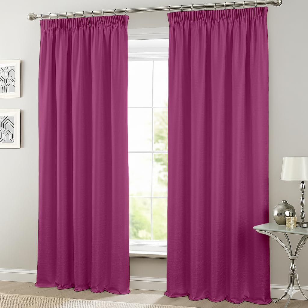 Cuddle Cloud Faux Silk Pencil Pleat Curtains – Fully Lined Tape Top Plain Curtains with Tie Backs, 2 Panel Set, Hotel Quality Window Drapes for Bedroom, Living Room & Kitchen (Magenta, 66 x 72 inch)