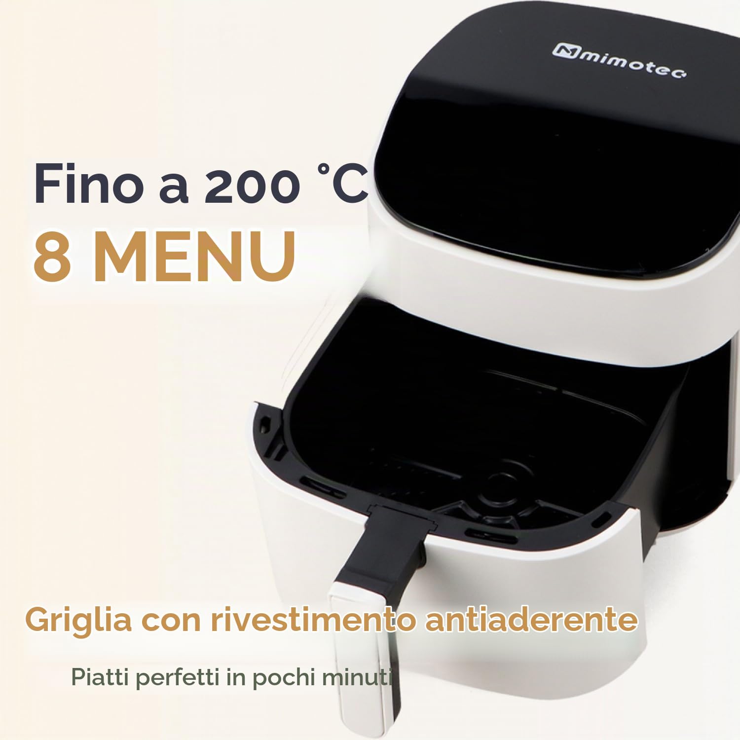 M mimotec – Friggitrice ad Aria White Sara Touch 6,5L, senza Olio, 1600W, 8 Menu Digitali, Display Touch, Funzione Grill, Timer Regolabile, Temperatura 80-200°C, Cucina Facile e Sana