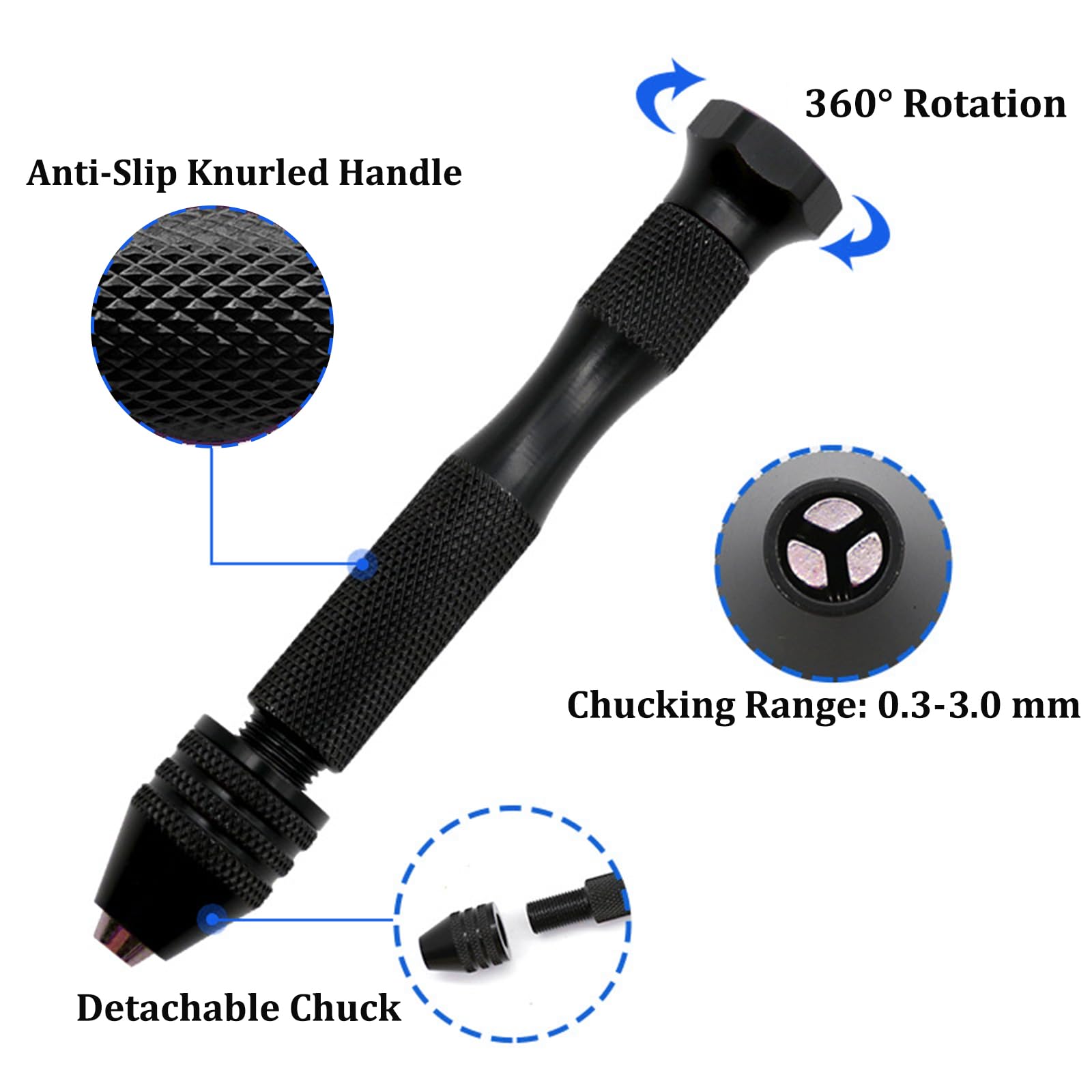 Mandouer Precision Hand Drill with Pin Vice Chuck, 0.3-3.0mm Mini Drill for Craft Jewellery Making, Resin and Model Building (Black) - Image 2