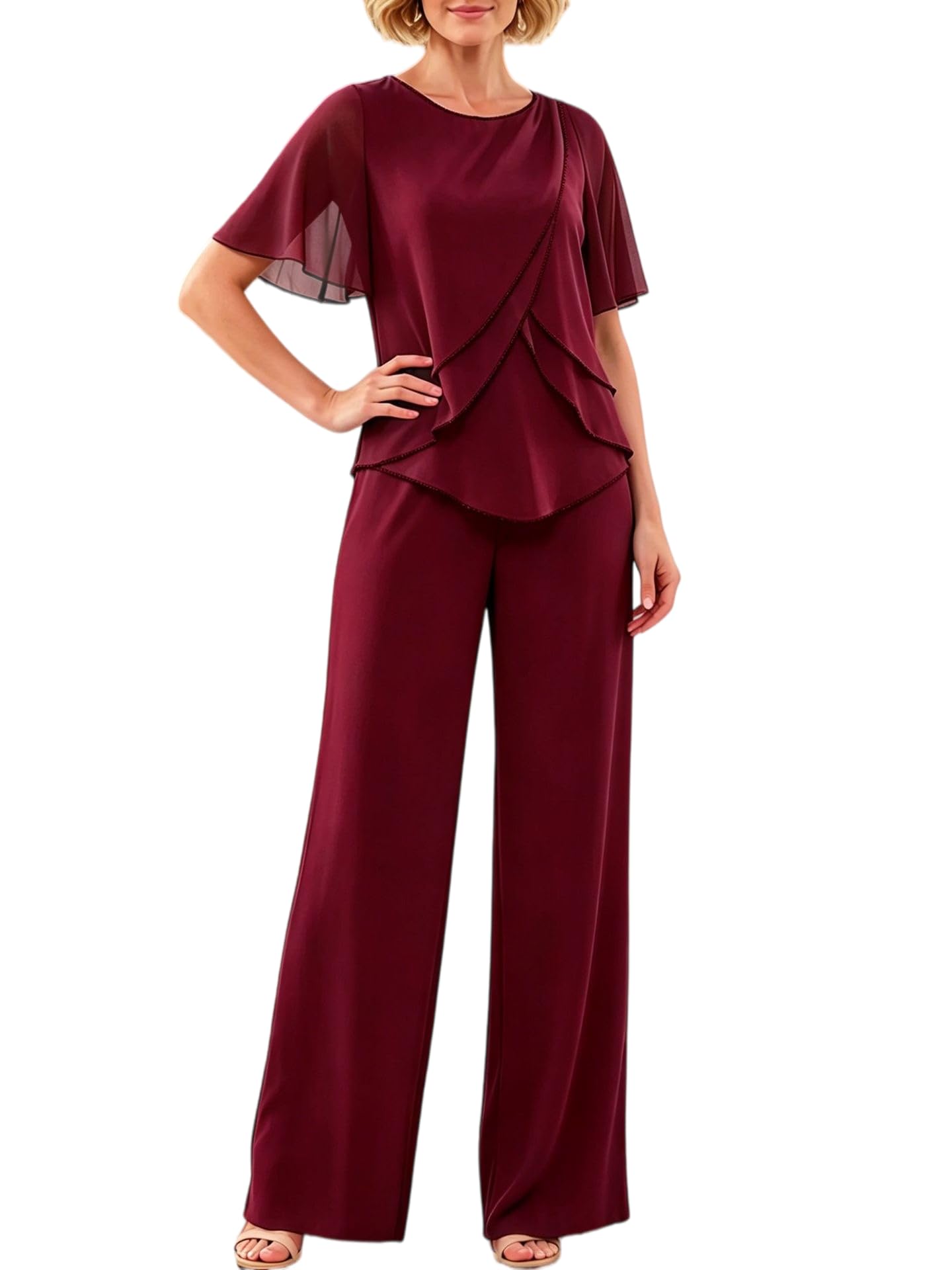 Completo Donna Elegante Completo Da Donna A Due Pezzi Per Matrimonio Abito Formale Tailleur In Chiffon Con Pantaloni Per La Madre Della Sposa Elegante Top A Maniche Corte A Strati E Pantaloni A Gamb