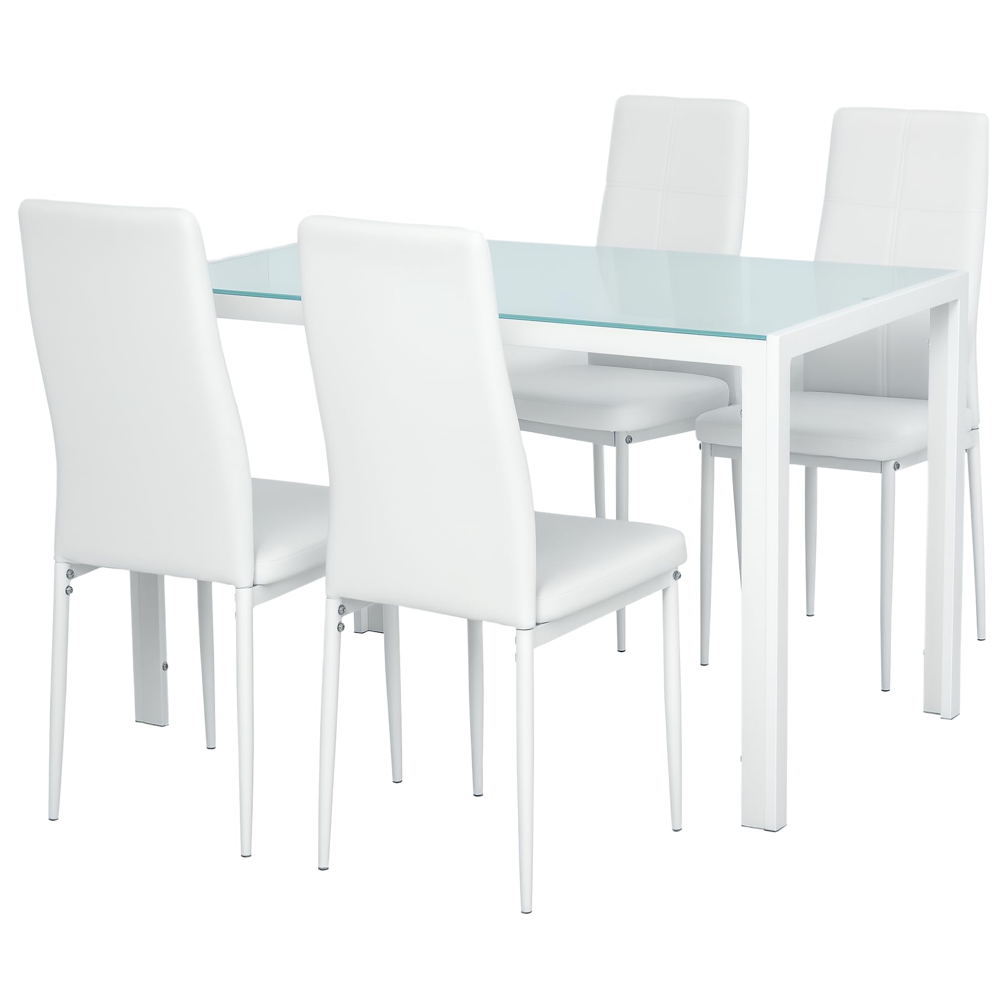 Table à Manger 4 Personnes – Plateau Verre Trempé 120x60 Cm, Pieds Métal Blanc, Design Moderne Pour Cuisine/Salle à Manger