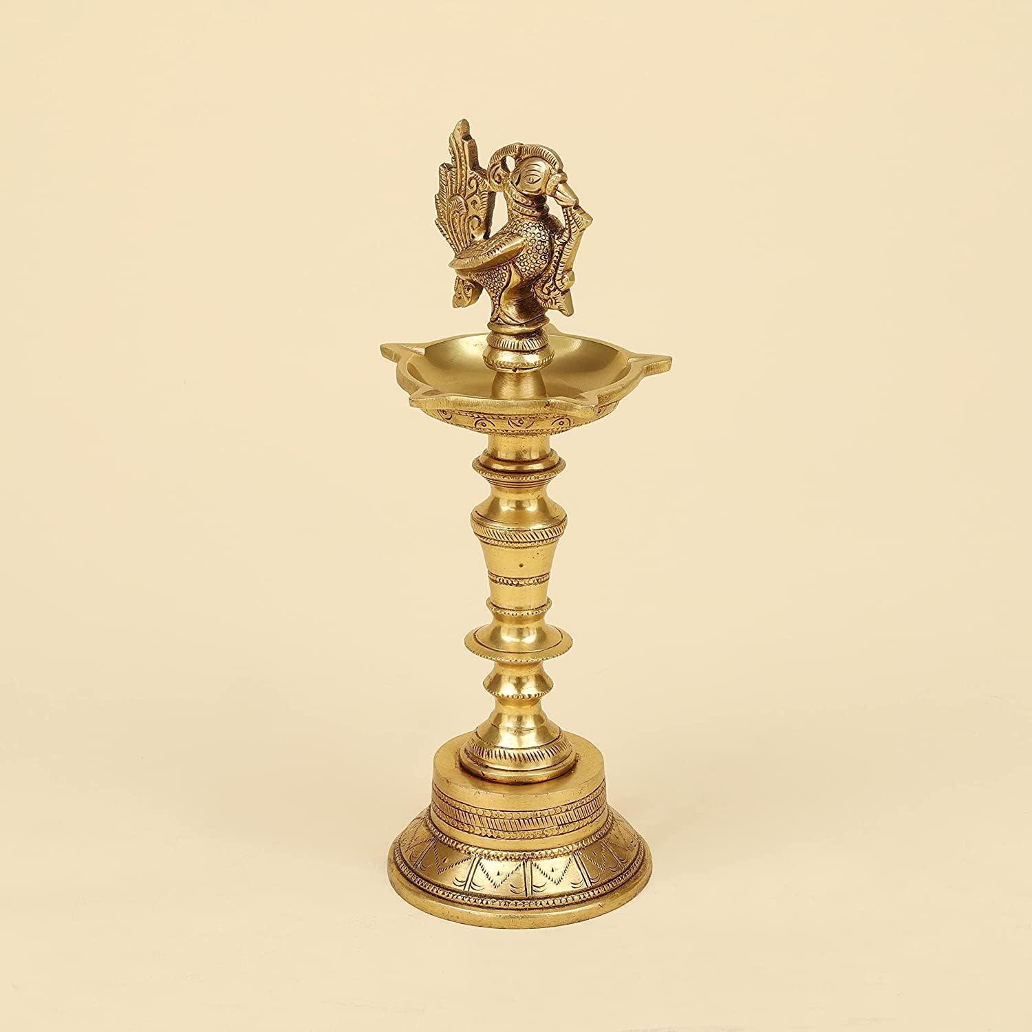 Kartique Brass Peacock Decorative Diya with Stand for Home Decoration in Pooja Room Mandir Gold Color Height 11 Inch