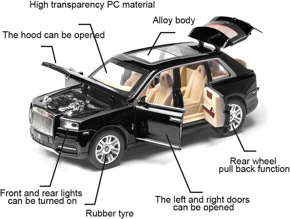 Image of 1:24 Rolls-Royce Cullinan Diecast Model Car Alloy Pull Back Toy Car with Sound & Light, Collectible Vehicle for Kids & Adults, Birthday Gift for Boys & Girls (Black)