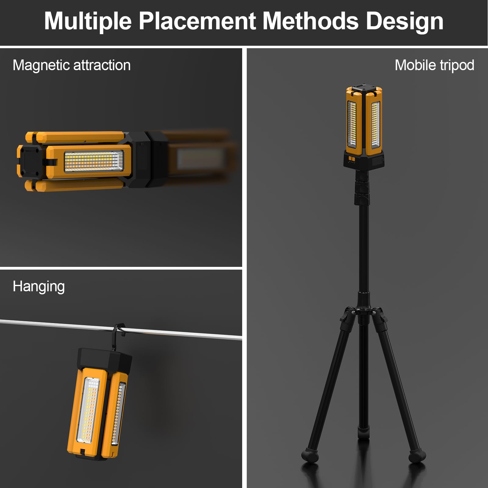 iodoo Projecteur de Chantier LED à Batterie Solaire Avec Trépied, Batterie D'une Capacité de 13200 mAh, Lampe Chantier Luminosité de 8000 Lumens (Orange avec télécommande)