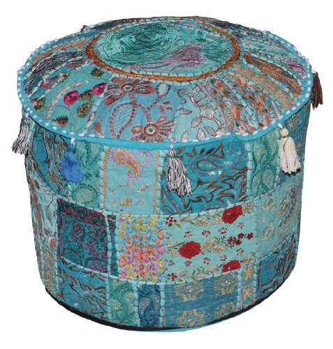 Indian Pouf Stool Vintage Patchwork Embellished With Patchwork Living Room Ottoman Cover,...