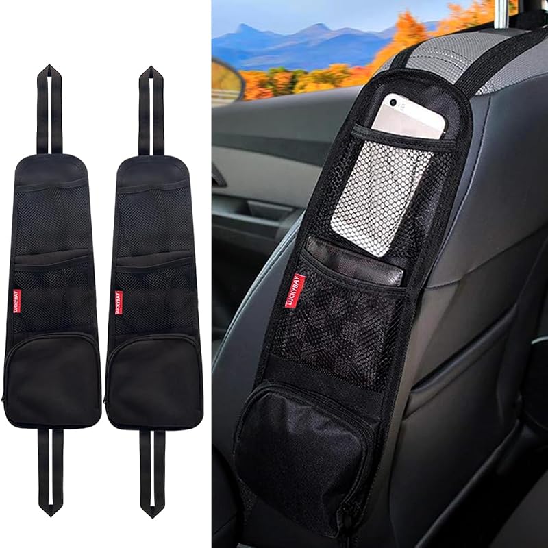 Car Seat Side Organizer, Auto Seat Storage Hanging Bag, Phones, Drink, Stuff Holder with Mesh Pocket for Cars, SUV & Truck 2 Pack