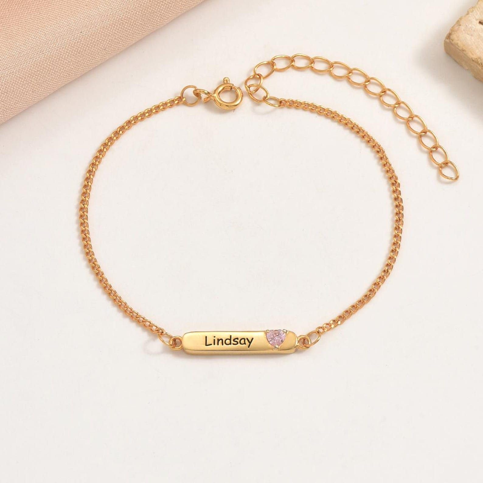 Nombre barra Pulsera de piedra de nacimiento 925 Pulsera de oro de plata con piedras preciosas Nombre grabado para mamá cumpleaños Día de la madre