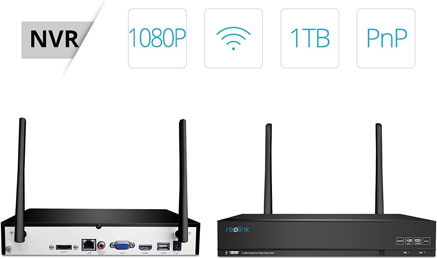 Reolink 1080p Wireless Security Camera System Outdoor HD 4 Channel WiFi NVR with 1TB Hard Drive Home Business Monitoring RLK4-210WB4