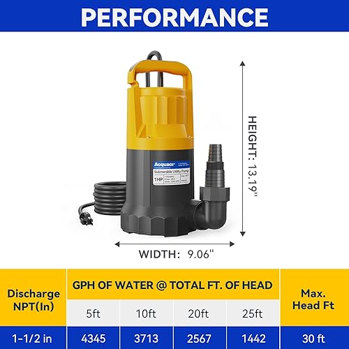 Miniatura 7 de Acquaer Bomba de sumidero 1HP 4345GPH Bomba de agua sumergible, bomba de utilidad manual, eliminación de agua para bañera de hidromasaje, piscinas,