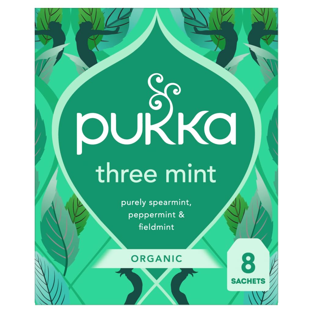 Pukka Three Mint Organic Herbal Tea Box - 8 Biodegradable drink - Tea Infusion With Spearmint, Peppermint, Fieldmint - For Digestion - Sleep - Caffeine Free