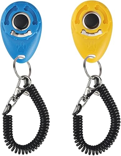 Paquete de 2 clics de entrenamiento para perros, clicker para perros con correa para la muñeca, herramientas de entrenamiento de perros coloridos y