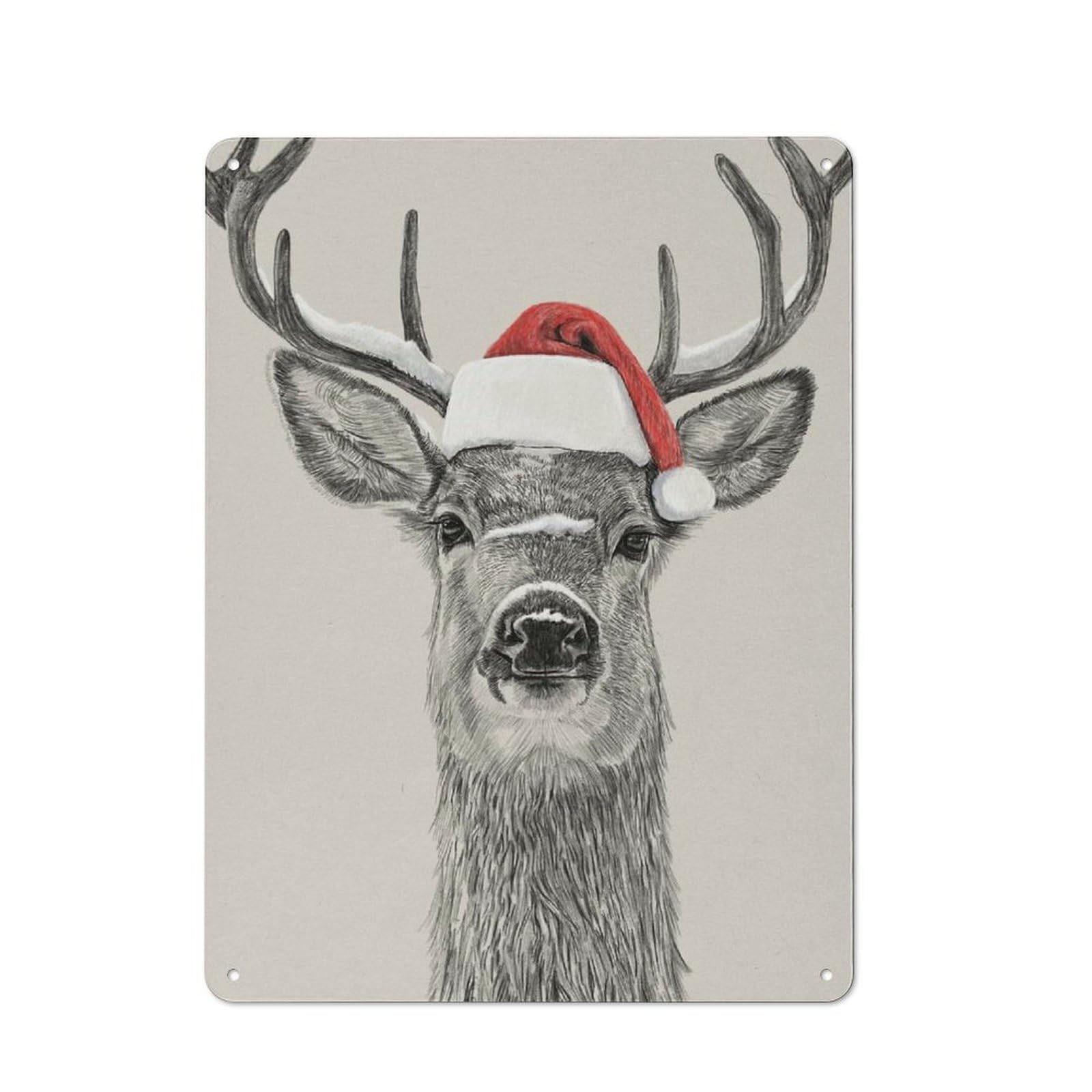 Junmoney Christmas Deer Portrait With Santa Hat Tin Sign 40X30cm With For Workshop Wall, Vintage Decor, Gift For Workshop Decor Fans During The Christmas Season