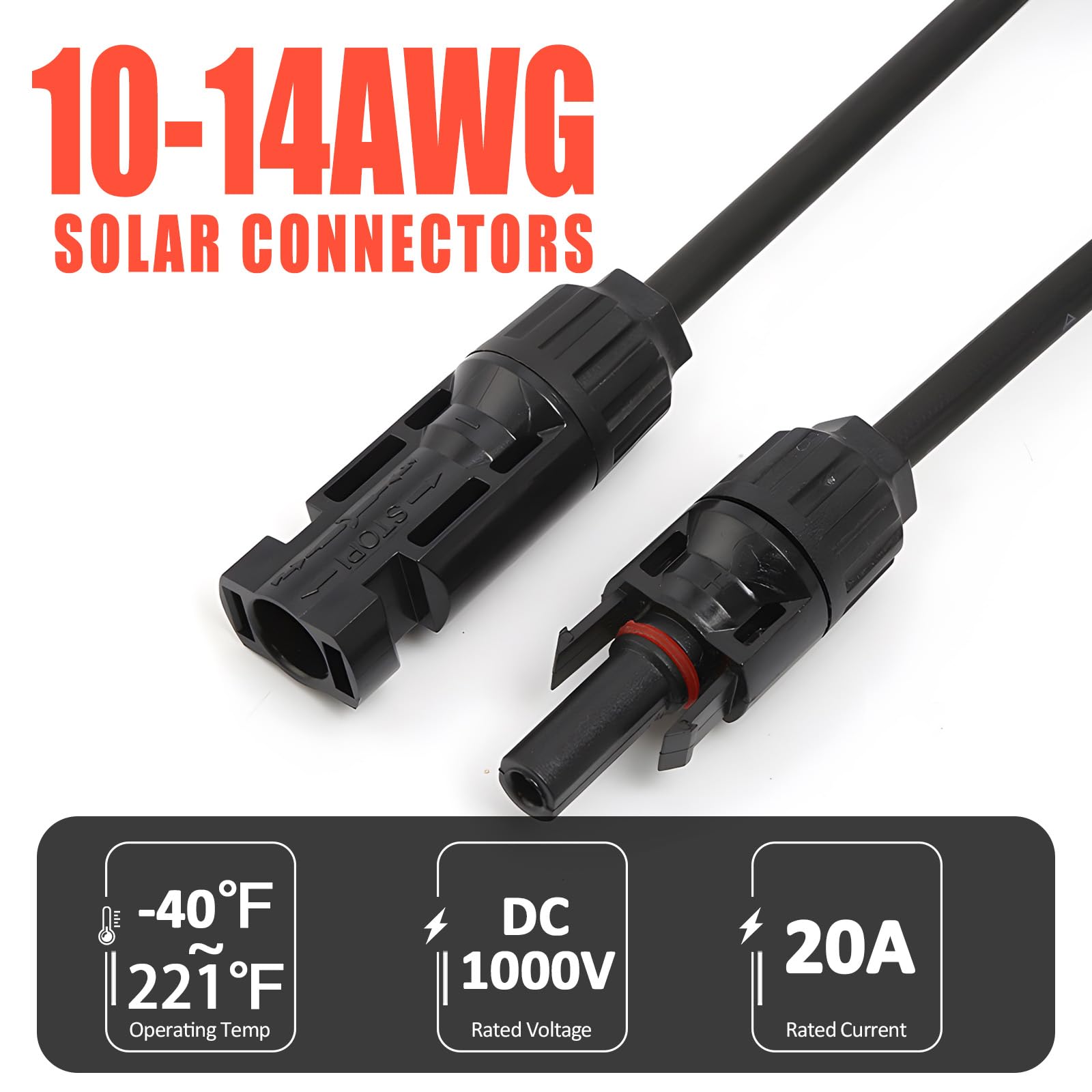 Cavo di prolunga solare con connettore femmina e maschio, 6 m, 10 AWG, con coppia di adattatori per pannelli solari a Y per casa, nave e camper (6 m rosso + 6 m nero)