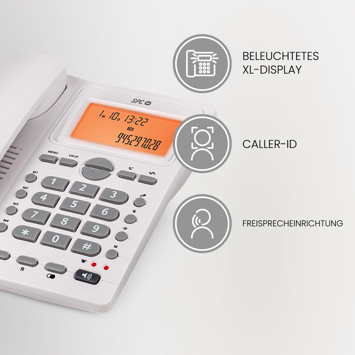 SPC Office ID 2 - Festnetztelefon mit beleuchtetem Display, 4 Direktspeichern und 10 indirekten Speichern, 2 Ruftonstufen, Anrufer-ID, Lichtsignal, Freisprechfunktion, Tisch- oder Wandmontage – Weiß