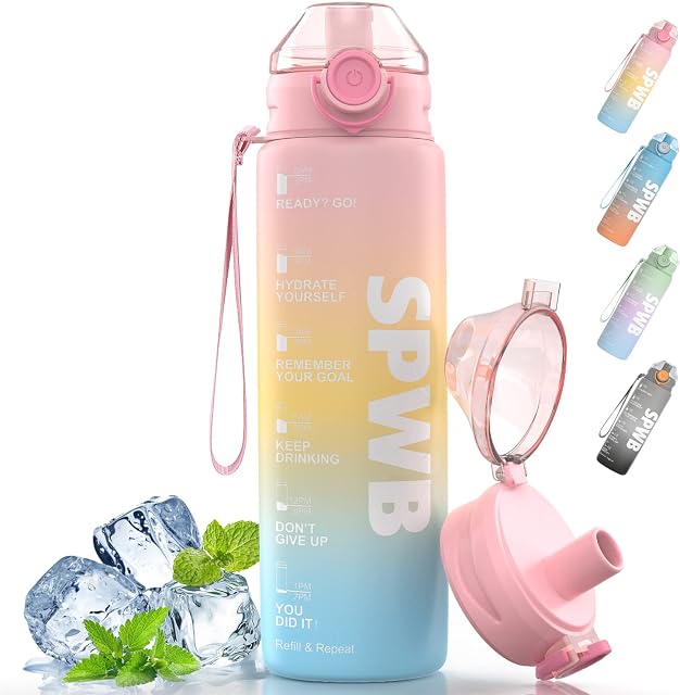 SPWB 1L Water Bottle,Sports Water Bottle with Time Marker,Motivational Water Bottle BPA Free Leak-Proof Durable Drink Bottle for Fitness,Camping,Outdoor, Office,Cycling