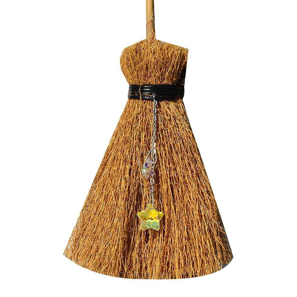 Kalttoy Halloween Decorations Broom Straw Witch Brooms with Hanging Crystal Pendant Ornament for Broom Halloween Decorations Straw Witch Brooms with Hanging Crystal Pendant