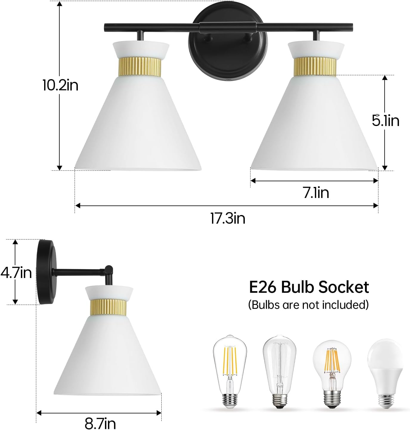 WOSHITU Bathroom Vanity Light Fixtures: 2-Lights Mid Century Modern Vanity Lights for Bathroom, Black and Gold Wall Sconce Lighting with Frosted Milky Glass for Over Mirror Bedroom Hallway image 2