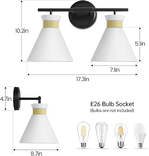 Miniatura 2 de WOSHITU Lámparas de tocador de baño 2 luces de mediados de siglo modernas luces de tocador para baño, iluminación de aplique de pared negro y dorado